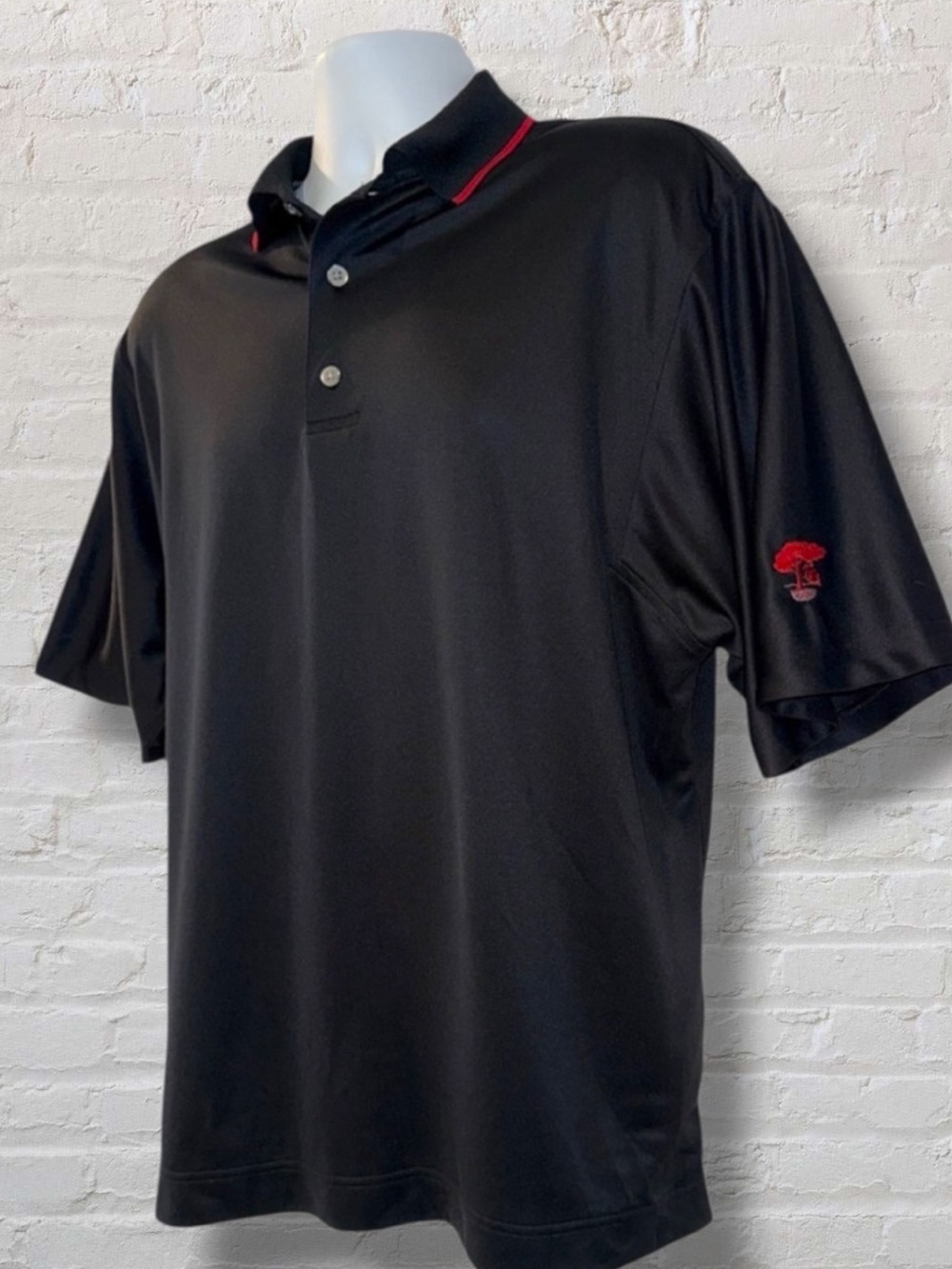 FootJoy Black Golf Polo Shirt Men’s Size- Medium - Red Collar Trim & Tree Logo